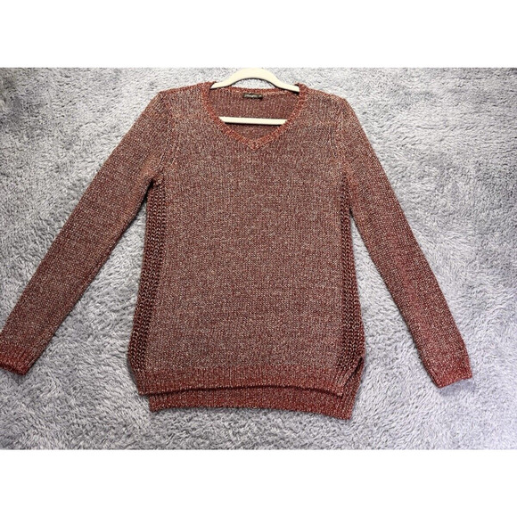 J McLaughlin Sweater Women’s XS Linen Blend Red White Metallic Open Knit V Neck - Picture 3 of 7